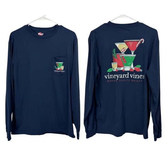 Vineyard Vines Size Medium Blue Making Spirits Bright Graphic Pocket T-Shirt - Picture 1 of 6